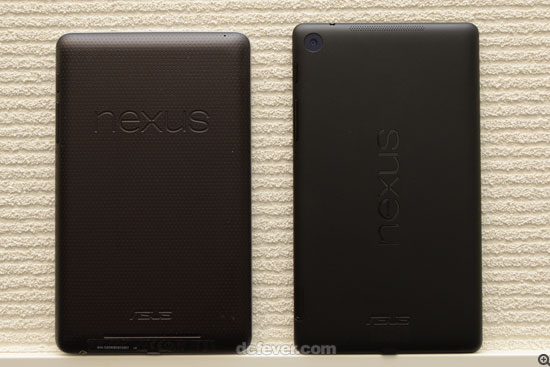 Nexus 7 二代則垂直加入較大的 Nexus 字樣，與一代圓點紋設計同樣能減低滑手的機會 (左為一代、加為二代)