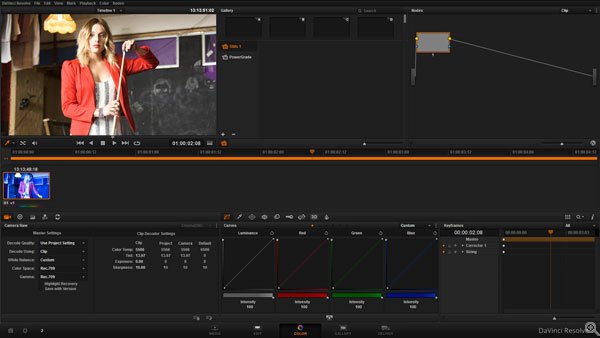 Davinci Resolve 10 Lite 的 Color 調色界面，右下為輸入色溫及曝光值的主要部份 