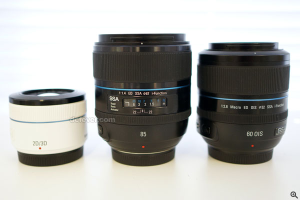 左起︰45mm F1.8 2D/3D、85mm F1.4 ED SSA、60mm F2.8 Macro ED OIS SSA