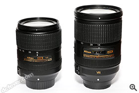 AF-S DX Nikkor 18-300mm f/3.5-6.3G ED VR 新鏡（左）與現有的 f/3.5-5.6 版本比較明顯小巧得多。