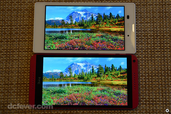 Sony Xperia T3 屏幕的對比度較高，圖片中的山比較清晰呈現 (上 Xperia T3、下 Desire 816)