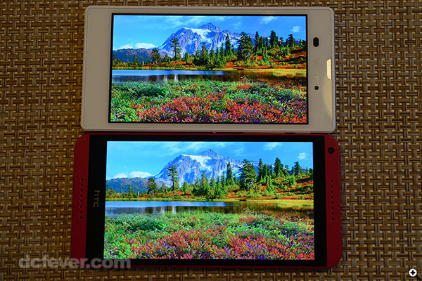 Sony Xperia T3 屏幕的對比度較高，圖片中的山比較清晰呈現 (上 Xperia T3、下 Desire 816)