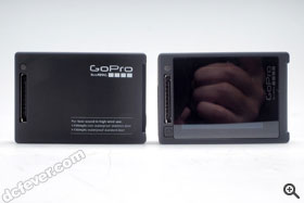 兩部攝錄機以機背示人後，其「身份」一目了然，設有顯示屏為較低階的 Hero4 Silver。