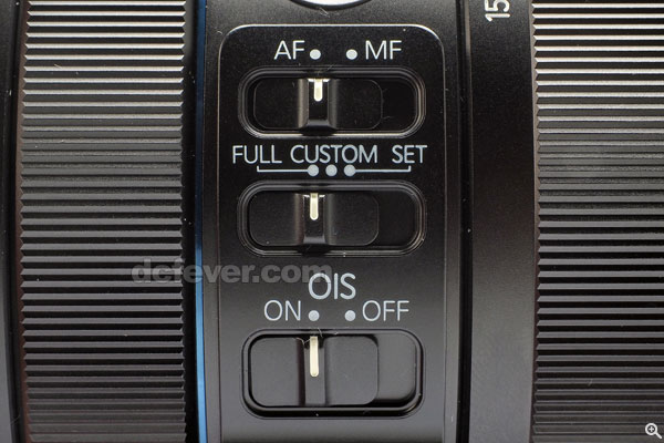 鏡身設有焦範圍控制。當撥至 Custom 時,更可於機身自定合焦範圍,藉以增加對焦速度。
