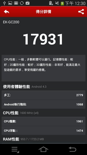 跑分結果為 17931，與 Galaxy S3 相若