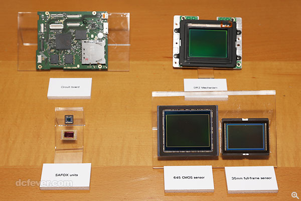 Pentax 645Z 的內部組件，右下方放置一片全片幅感光元件跟 645Z 的中片幅 CMOS 作對比。