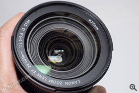 以小光圈鏡頭來說，EF 24-105mm f/3.5-5.6 IS STM 的前組鏡片相當大，並需要用上 77mm 直徑的濾光鏡。