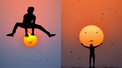 晚霞作畫布，攝影師創意構圖玩盡夕陽