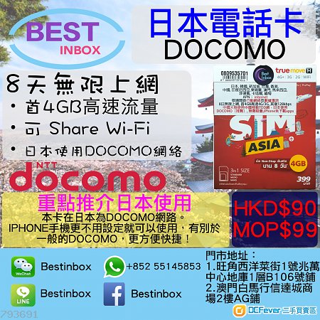 出售 [TravelSimAsia] 日本DOCOMO网络 8日无